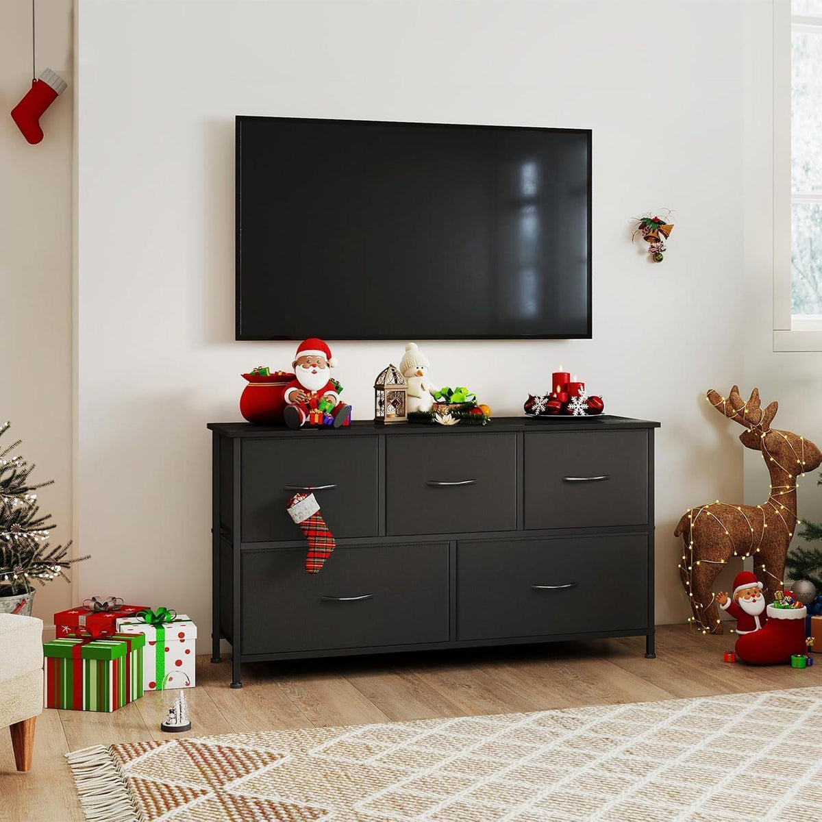 Kommode mit 5 Stoffschubladen – Schwarz, 100x30x55 cm