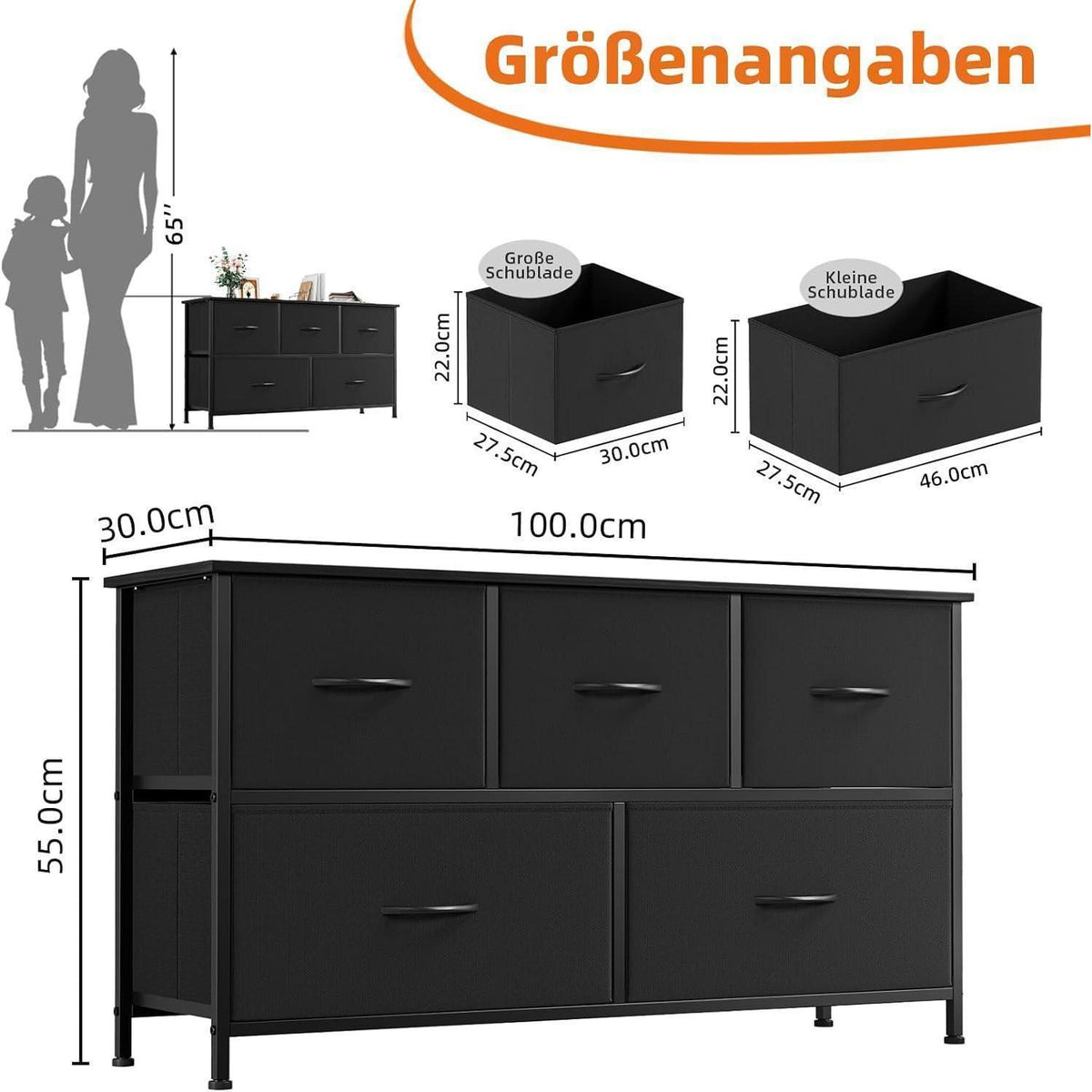 Kommode mit 5 Stoffschubladen – Schwarz, 100x30x55 cm