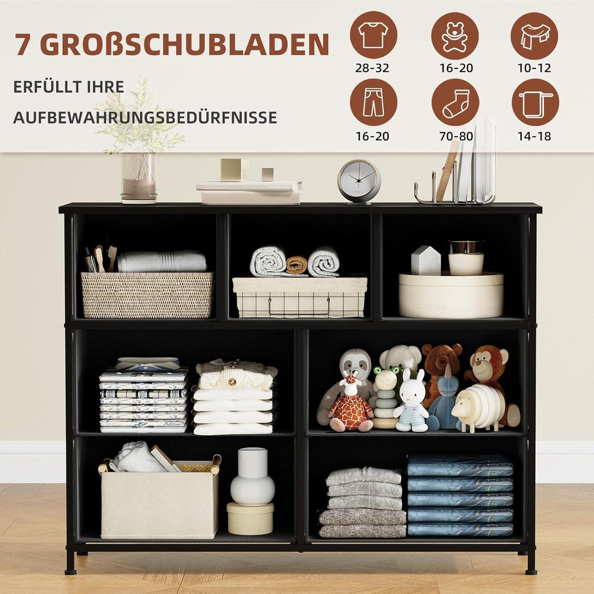 Kommode mit 7 Stoffschubladen – Schwarz, 100x30x77 cm