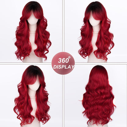 Lange Schwarz-Rote Ombre Locken Perücke – Natürliches Aussehen