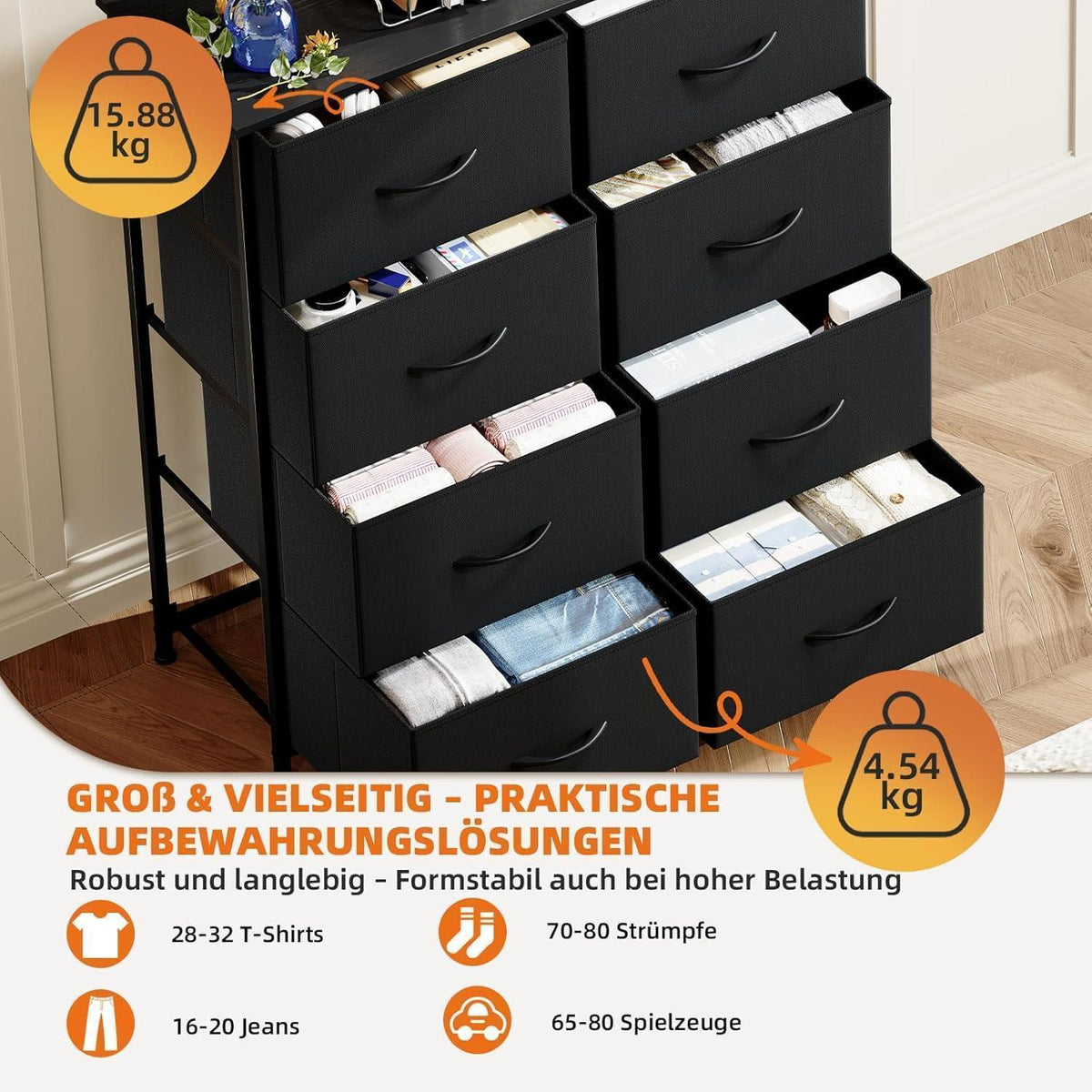 Kommode mit 8 Stoffschubladen – Schwarz, 30x80x93 cm