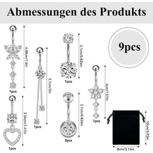 8er-Set Bauchnabelpiercing Edelstahl Zirkonia mit Anhängern 14G