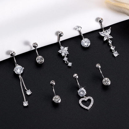 8er-Set Bauchnabelpiercing Edelstahl Zirkonia mit Anhängern 14G