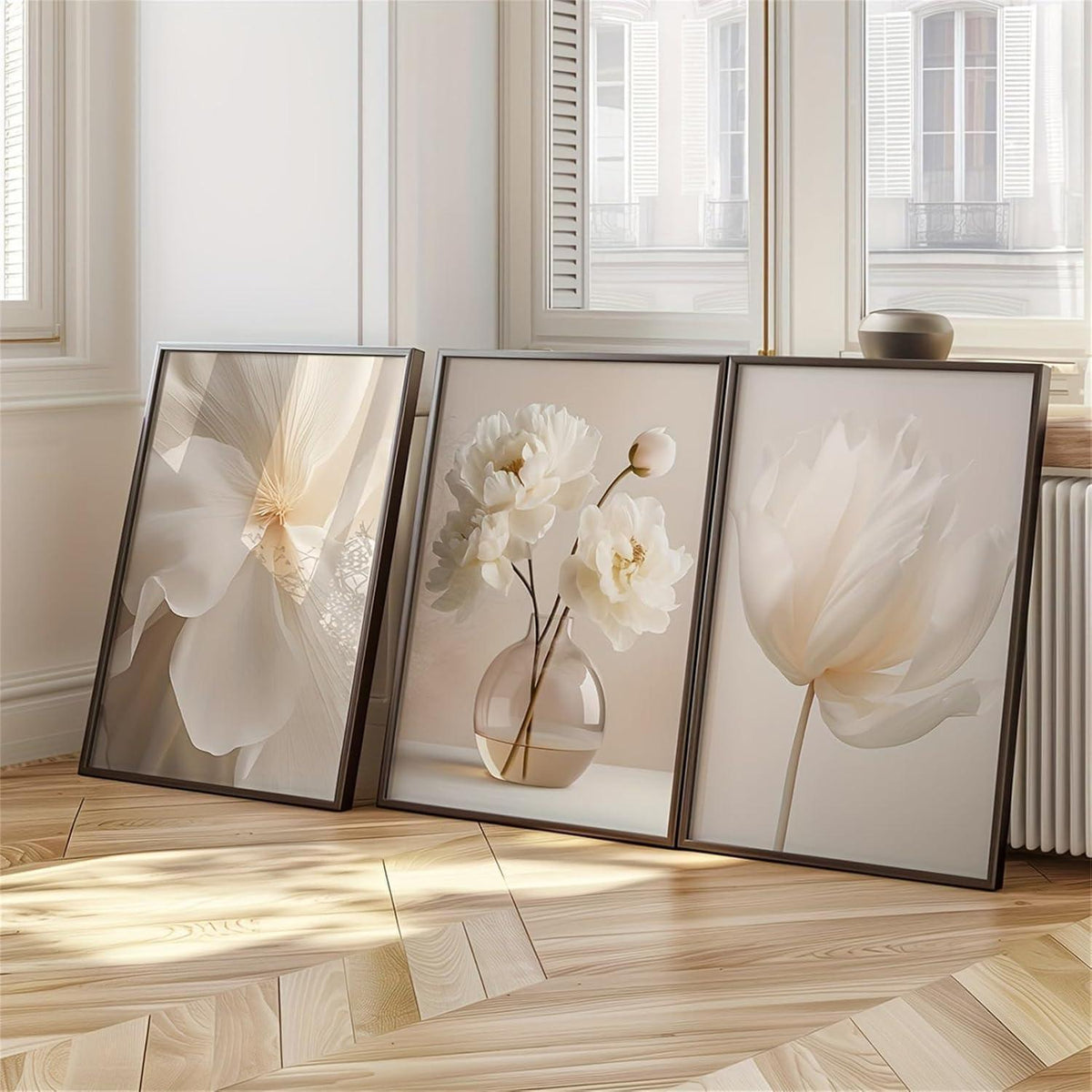 3er Set Boho Bilder Wanddeko Beige Blumen Poster Wohnzimmer