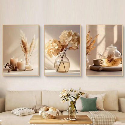 3er Set Boho Bilder Wanddeko Beige Blumen Poster 50x70cm