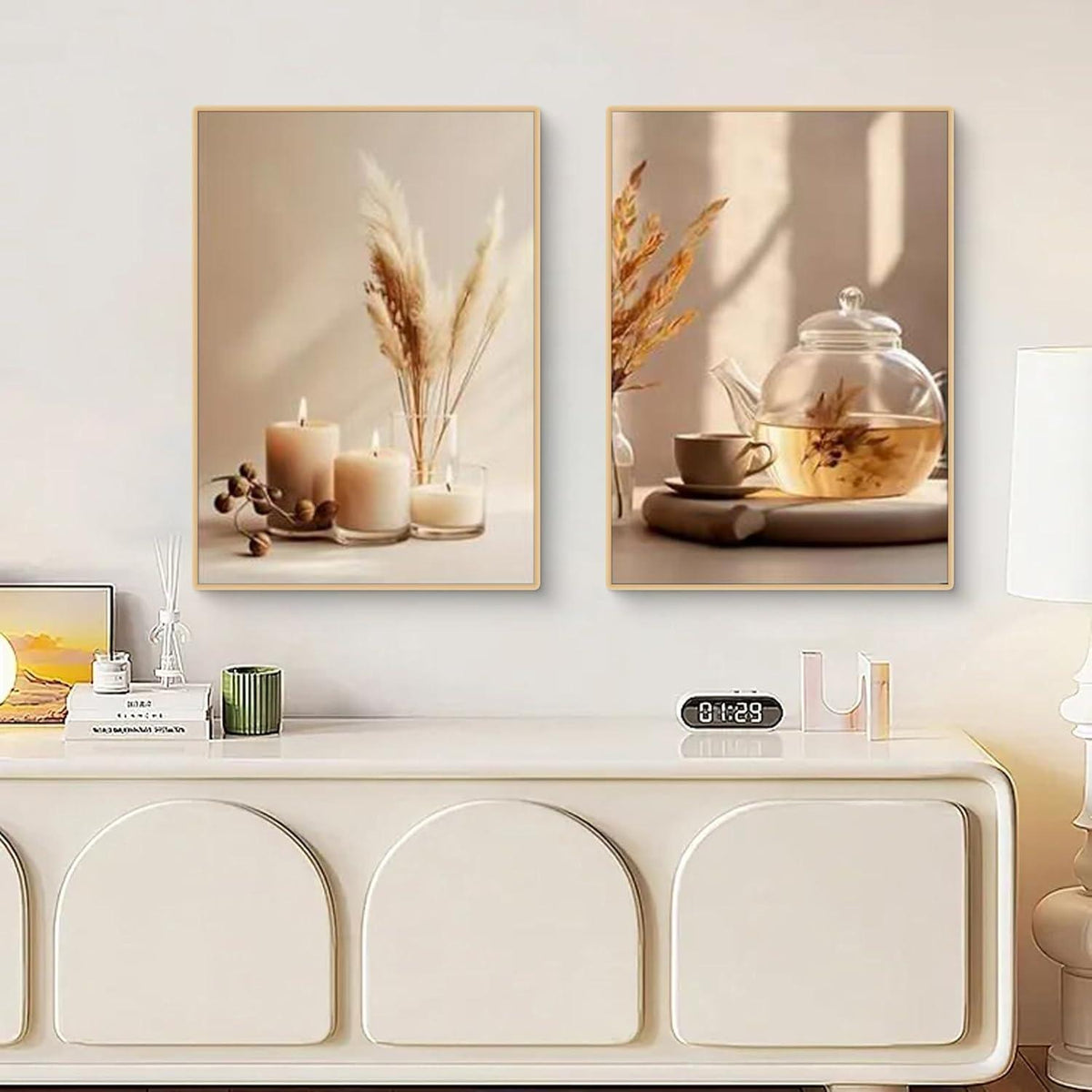 3-teiliges Boho Bilder Set Beige Blume Wandbilder Deko