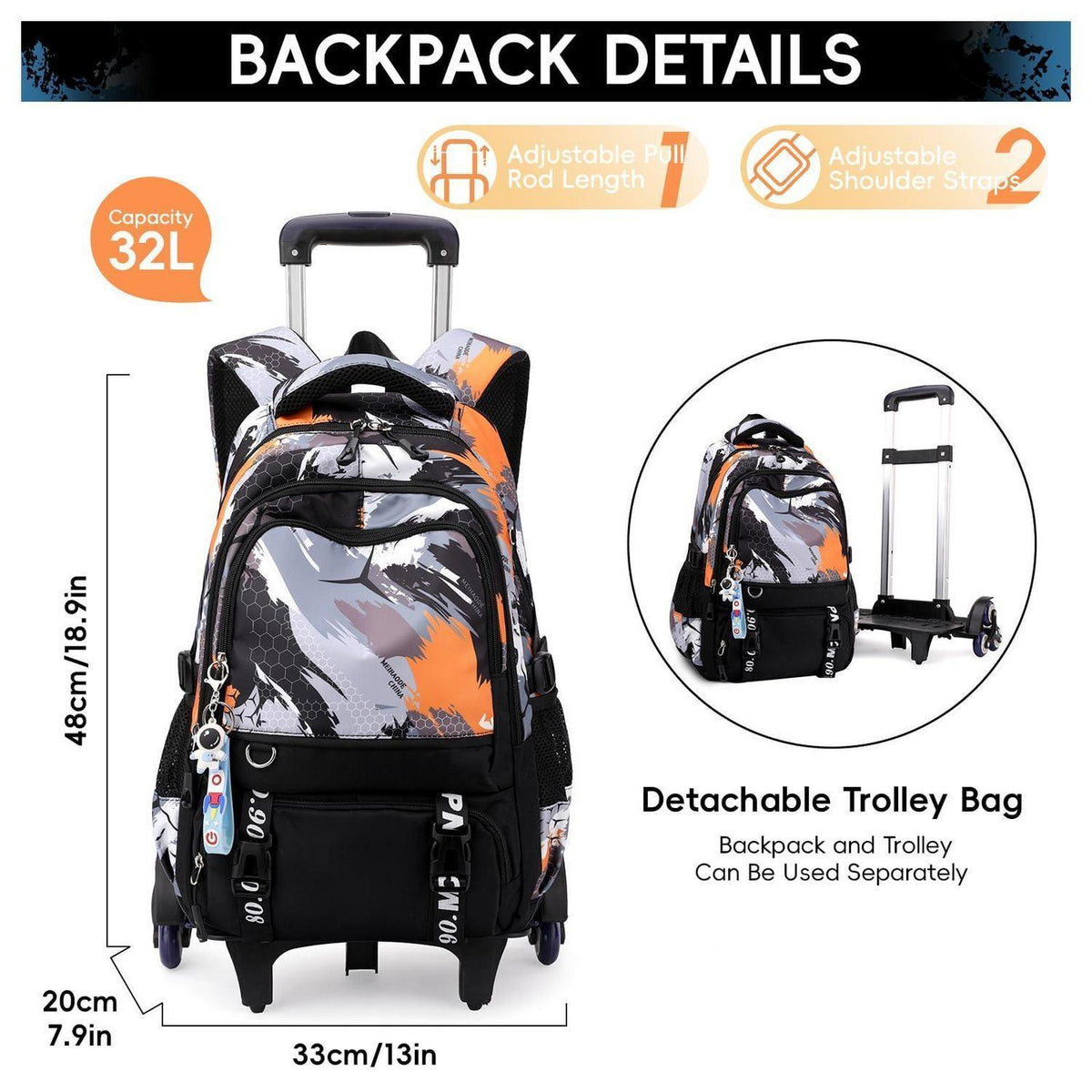 Schulrucksack Trolley Jungen Orange Tarnfarbe mit Rollen