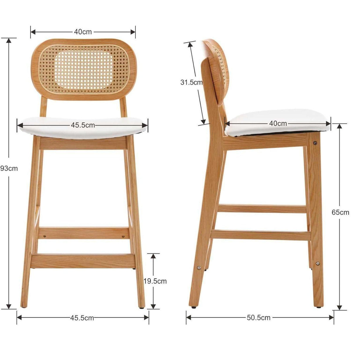Barhocker Set 2er – Holz mit Rattan Rücklehne in Lederoptik