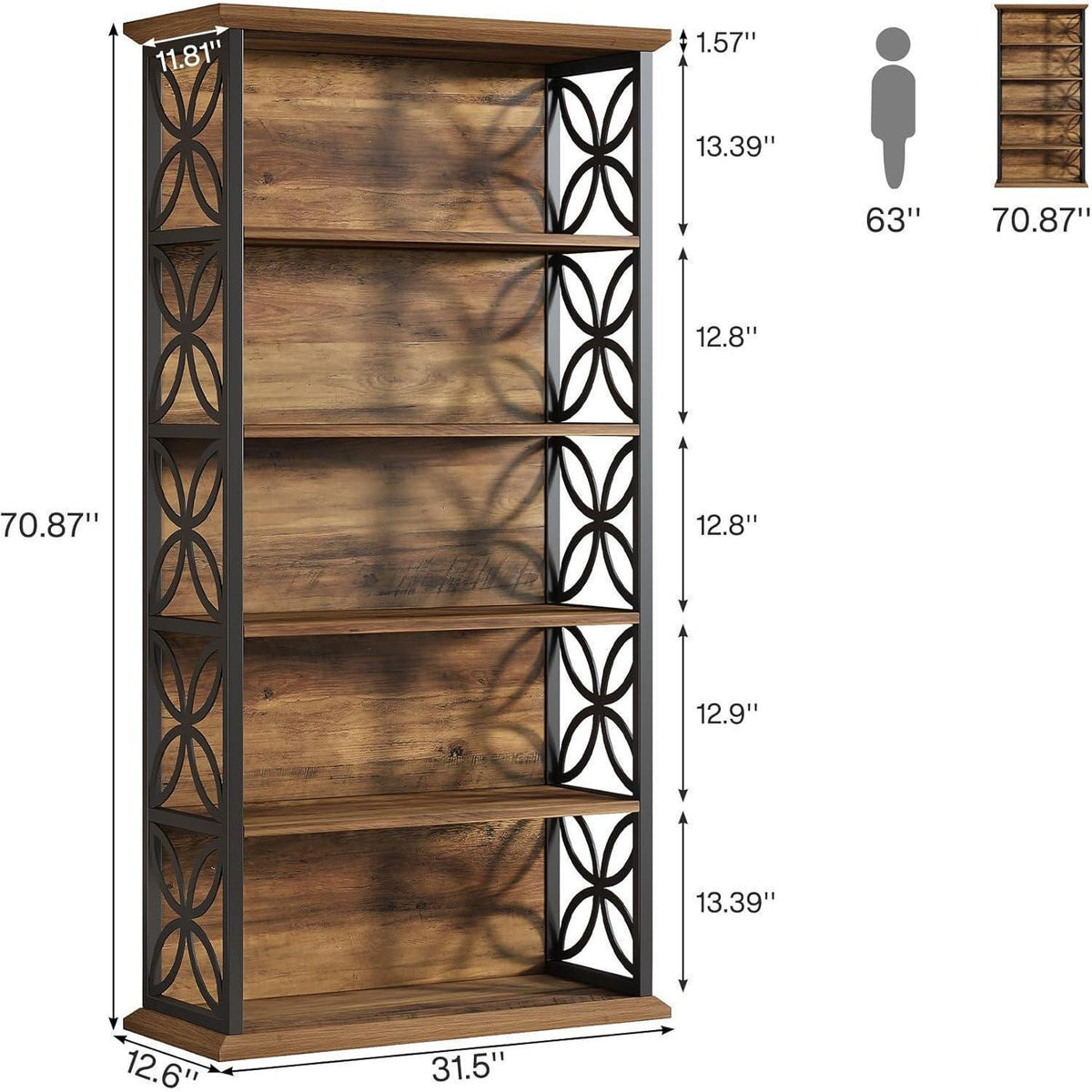Bücherregal 6-Ebenen, Industriell, 180cm, Braun