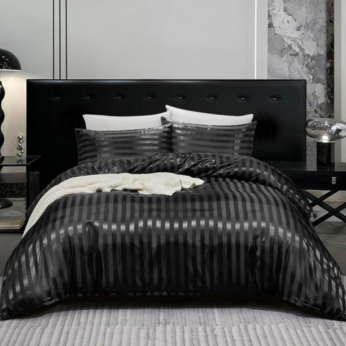 Satin Bettwäsche Set 135x200cm Schwarz 4-teilig Glänzend