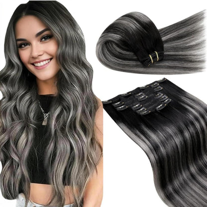 Echthaar Clip-in Extensions Schwarz Ombre Silber 45cm