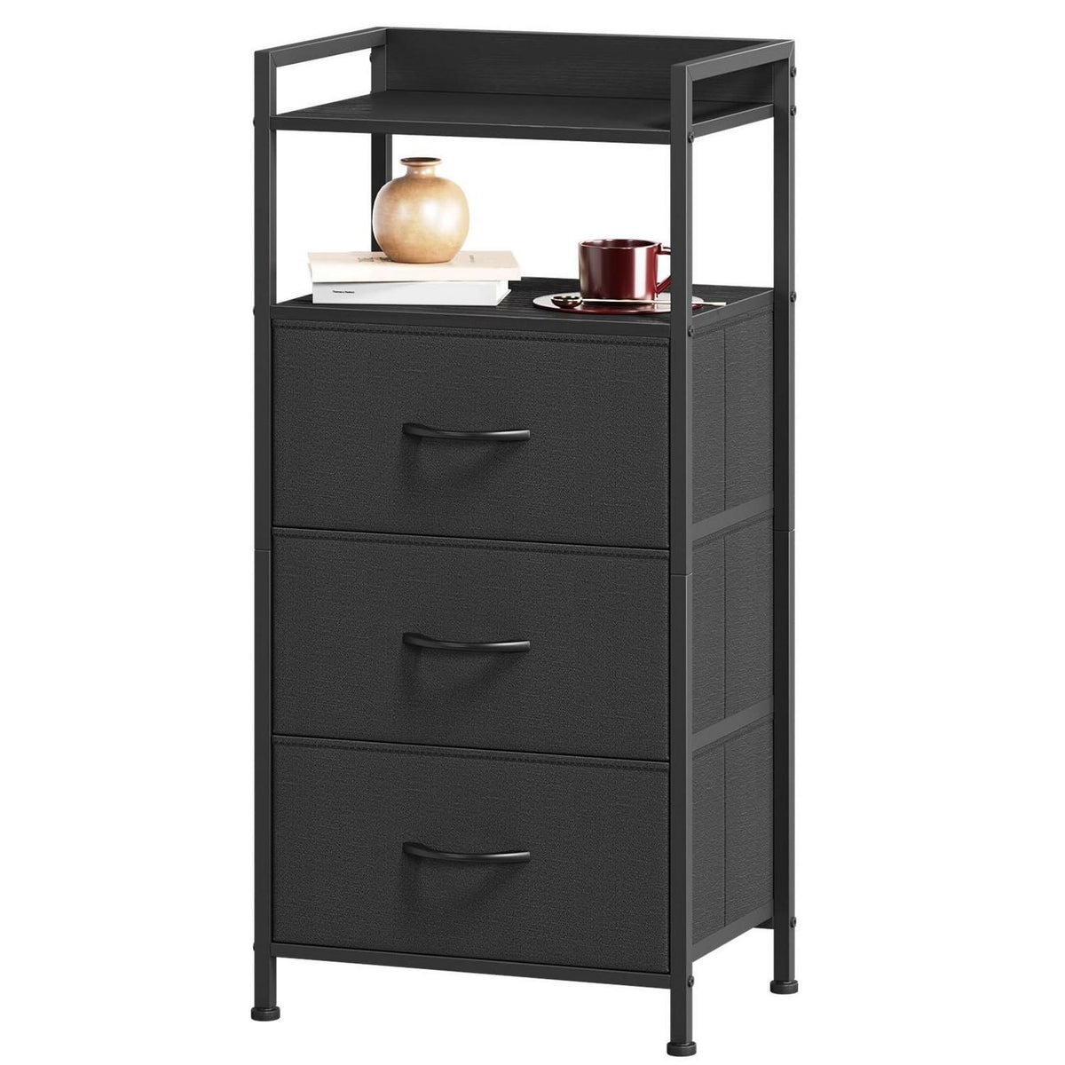 Kommode mit 3 Stoffschubladen – Schwarz, 85cm hoch