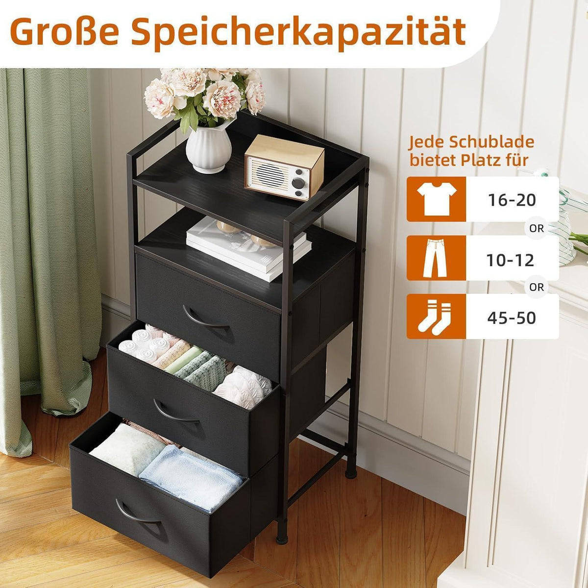 Kommode mit 3 Stoffschubladen – Schwarz, 85cm hoch