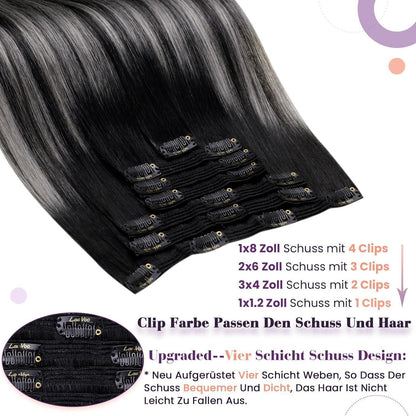 Echthaar Clip-In Extensions Schwarz Ombre Silber 50cm