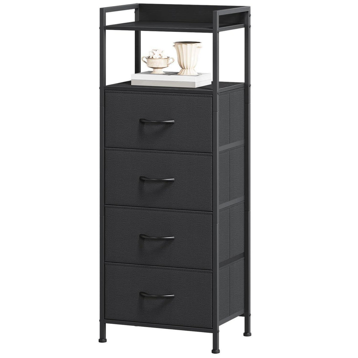 Kommode mit 4 Stoffschubladen – Schwarz, 106cm hoch