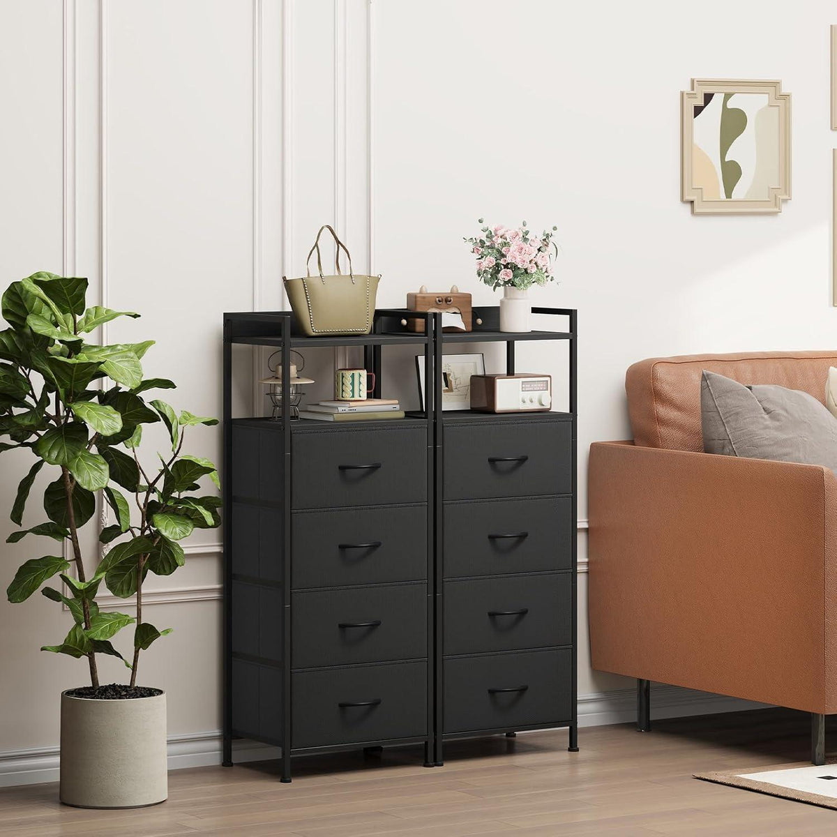 Kommode mit 4 Stoffschubladen – Schwarz, 106cm hoch