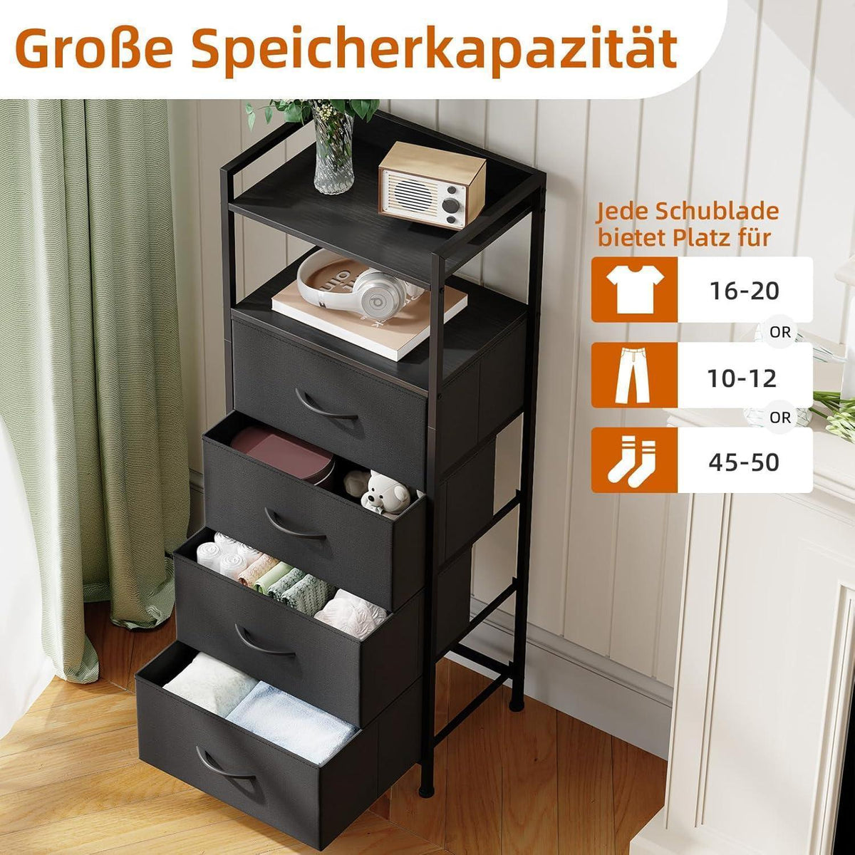 Kommode mit 4 Stoffschubladen – Schwarz, 106cm hoch