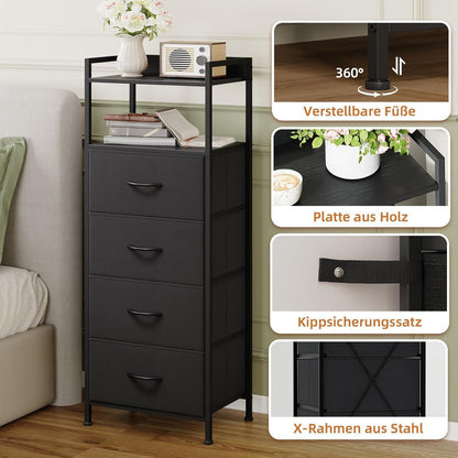 Kommode mit 4 Stoffschubladen – Schwarz, 106cm hoch