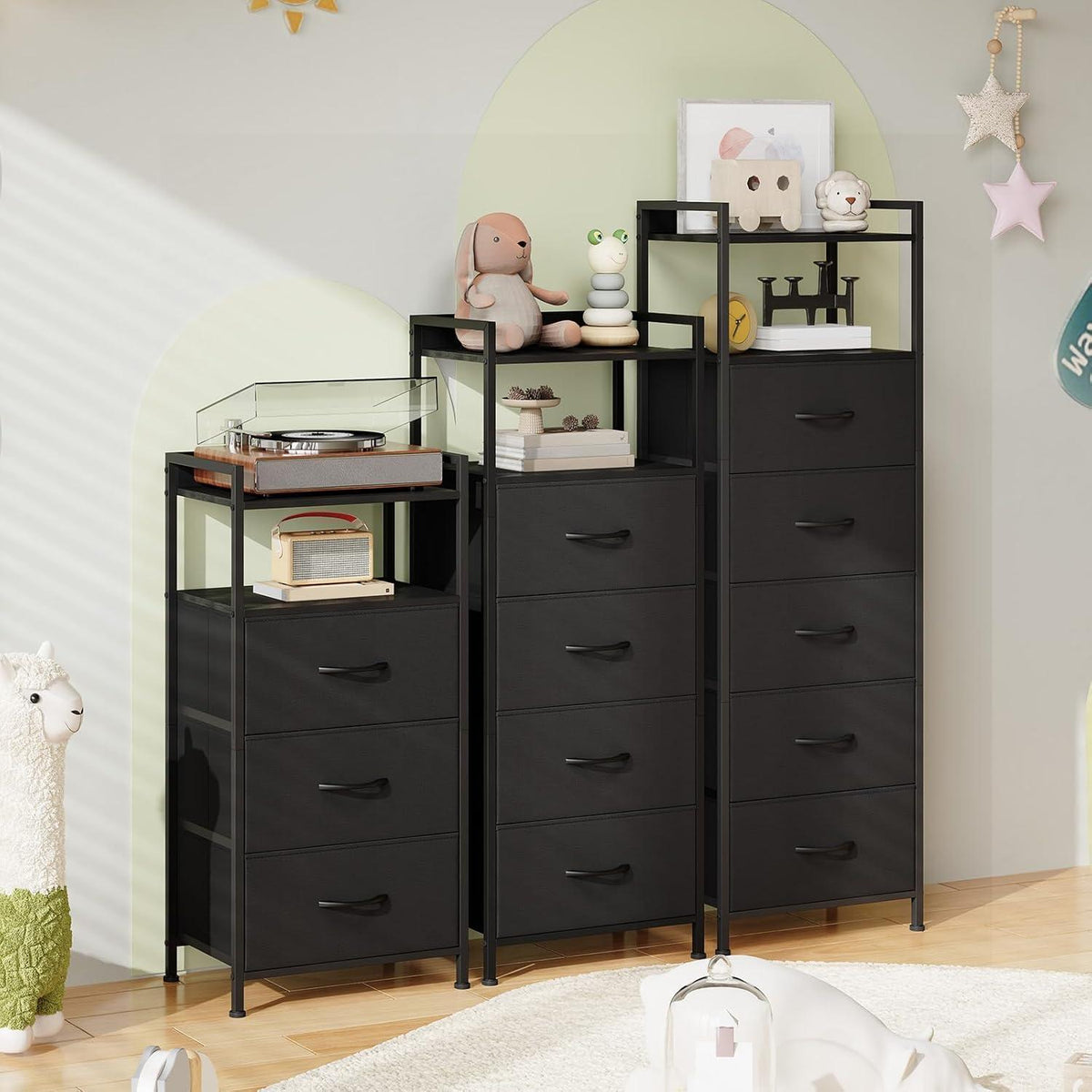 Kommode mit 4 Stoffschubladen – Schwarz, 106cm hoch