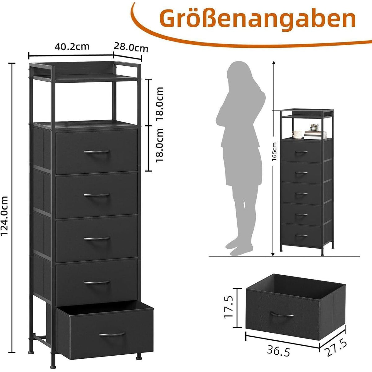 Hohe Kommode mit 5 Stoffschubladen – Schlafzimmer & Wohnzimmer