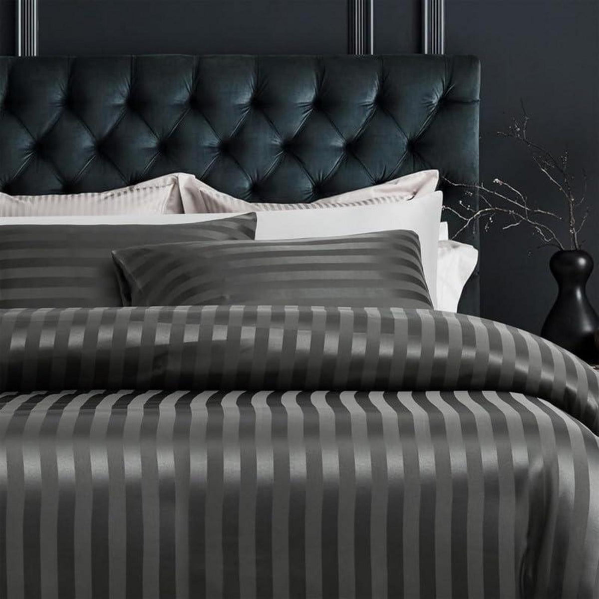 Satin Bettwäsche Set 135x200cm Grau Gestreift 4-teilig