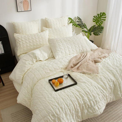 Seersucker Bettwäsche Set 135x200cm Beige Kariert – Atmungsaktiv & Weich