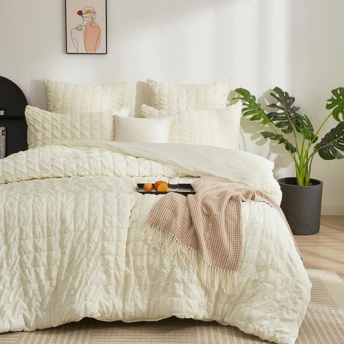 Seersucker Bettwäsche Set 135x200cm Beige Kariert – Atmungsaktiv & Weich