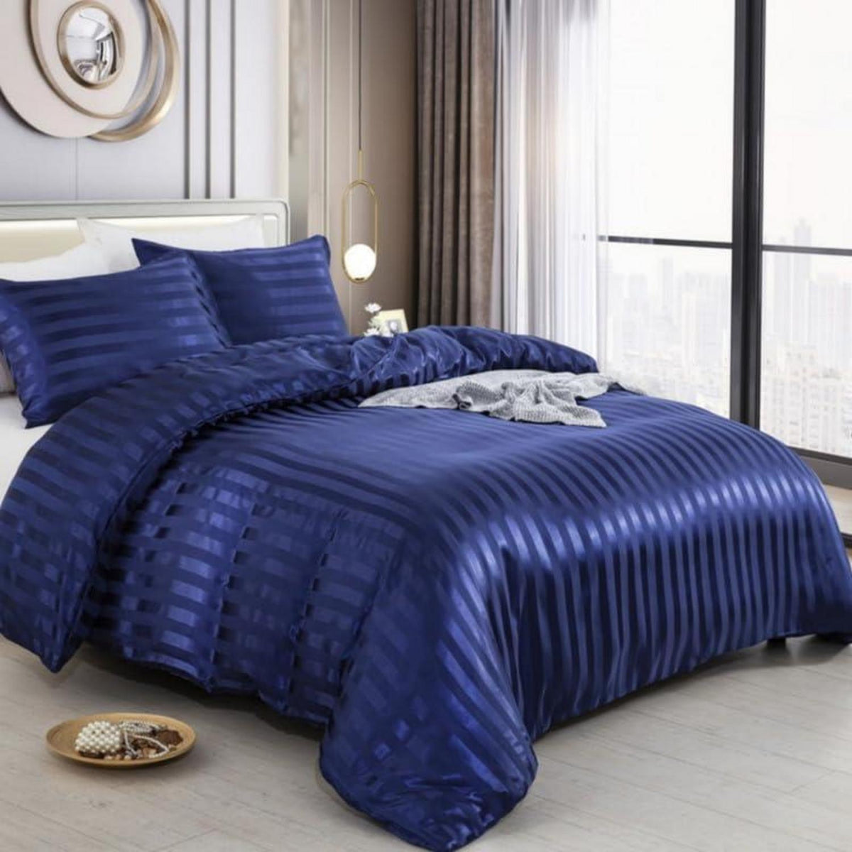 Satin Bettwäsche Set 135x200cm, 4-teilig, Blau gestreift