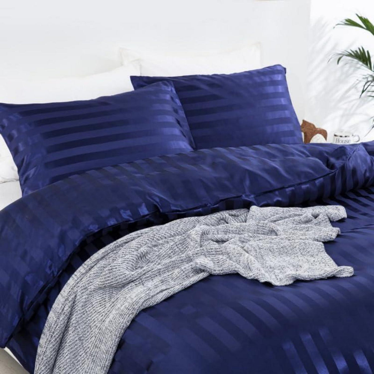 Satin Bettwäsche Set 135x200cm, 4-teilig, Blau gestreift