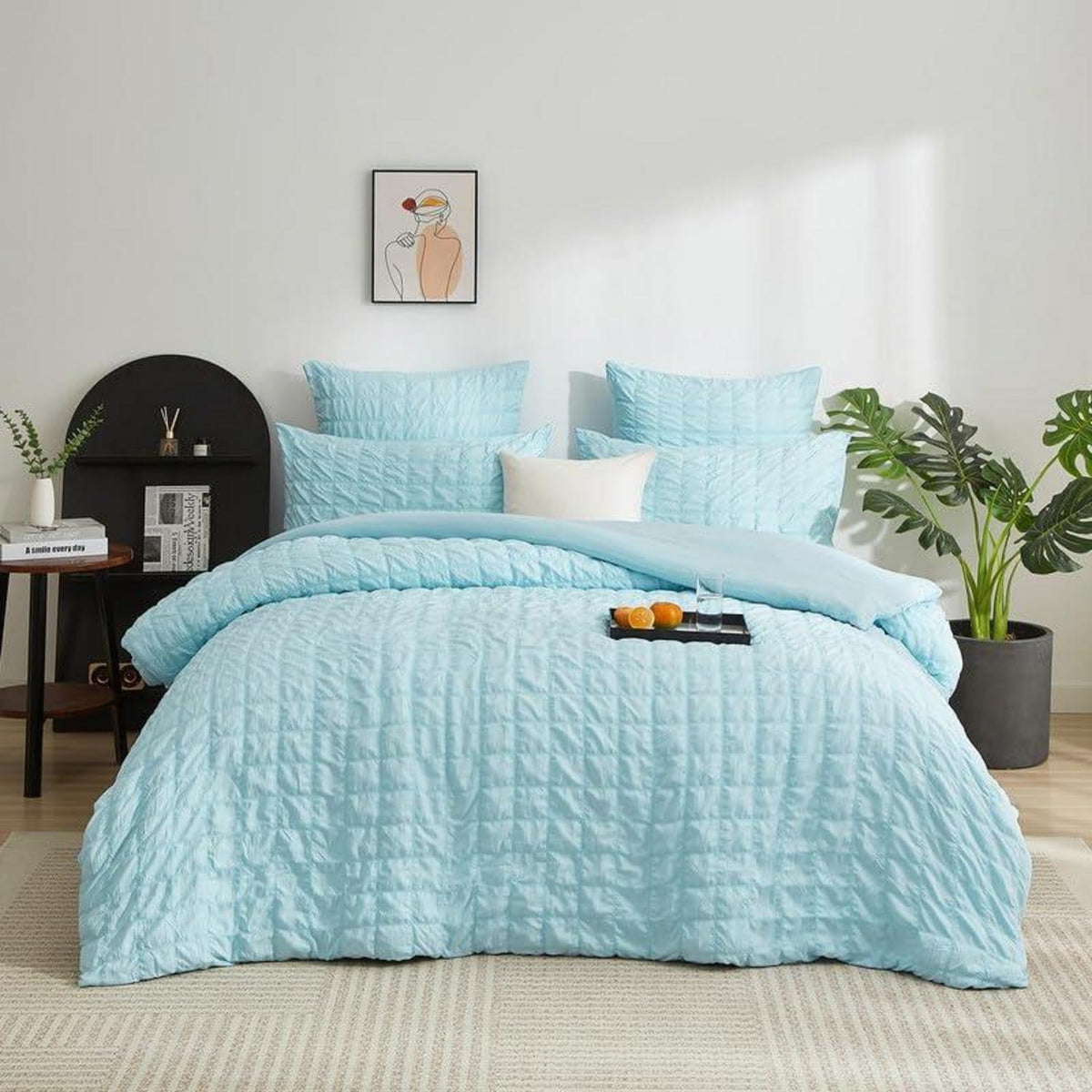 Seersucker Bettwäsche Set 135x200cm Blau – Atmungsaktiv & Weich