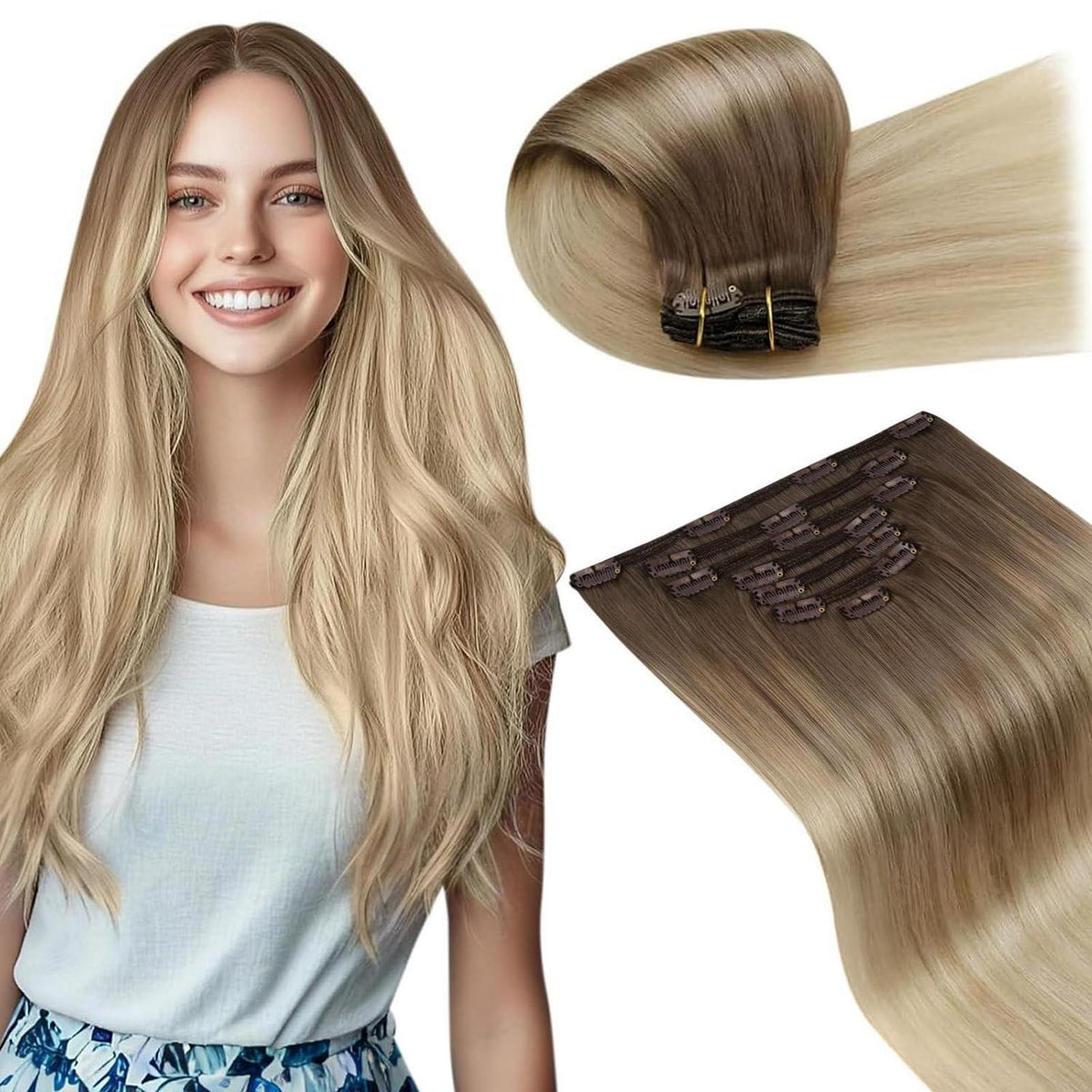 Clip-in Echthaarverlängerung Balayage Braun 50cm