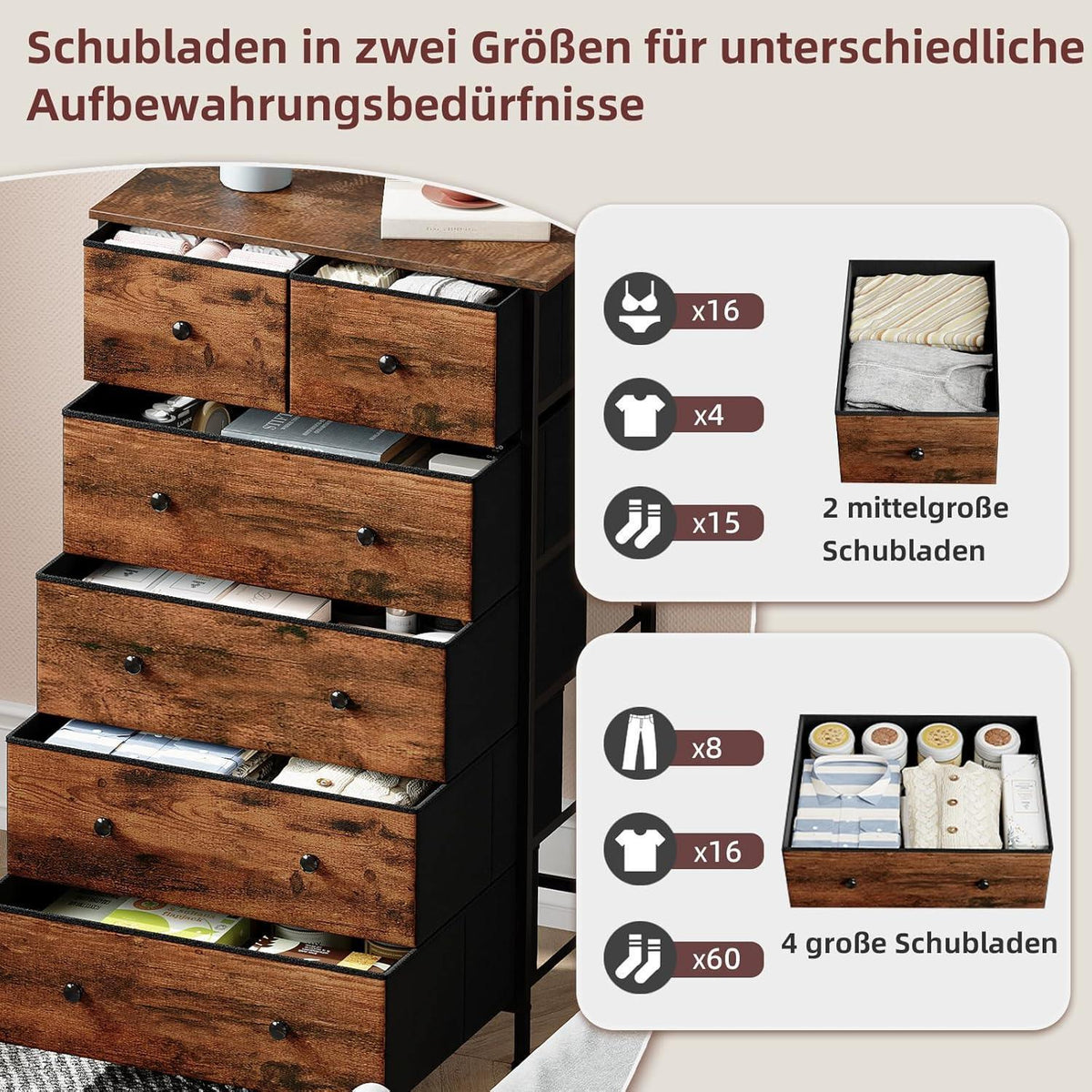 Kommode mit 6 Schubladen – Stoffkommode für Schlafzimmer & Wohnzimmer