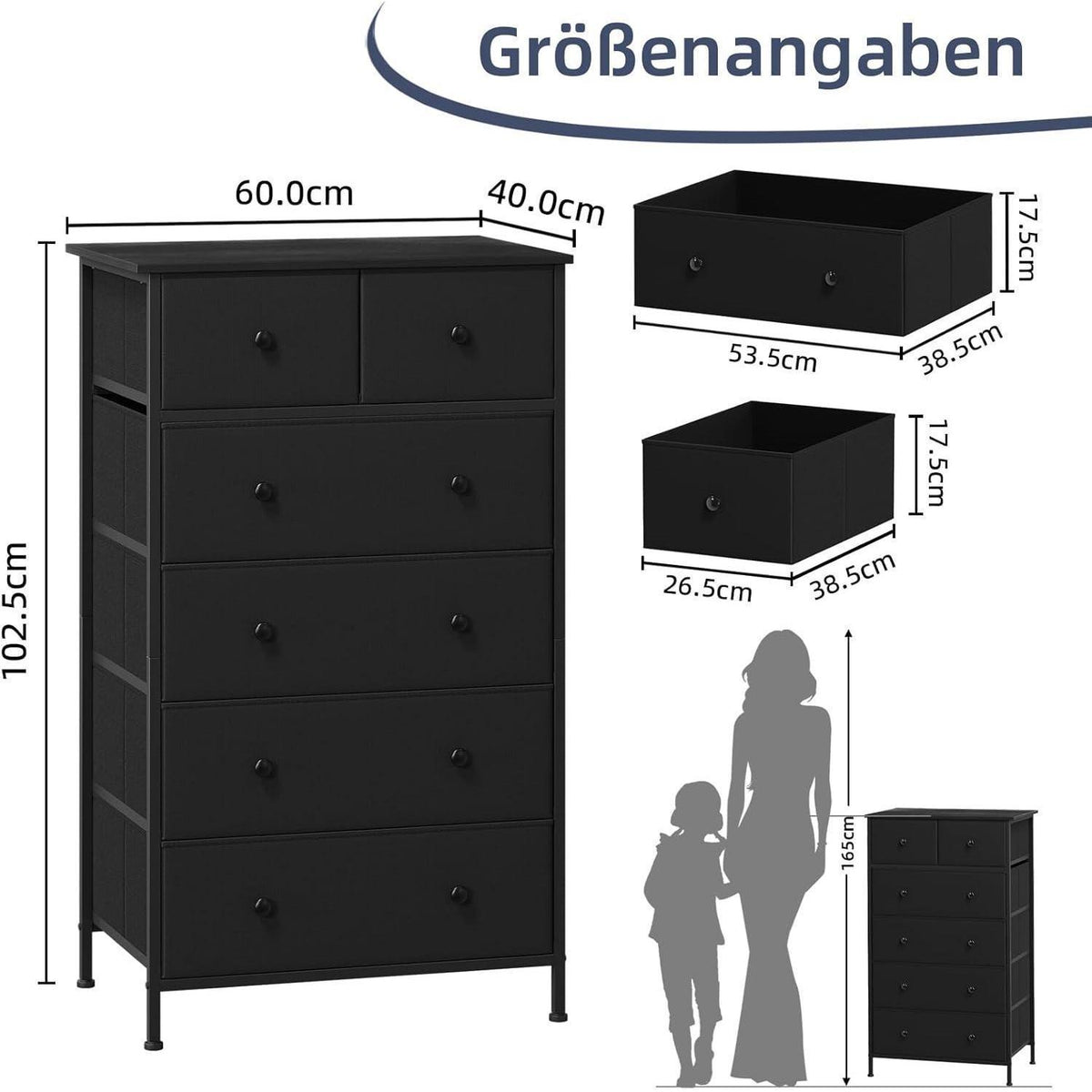 Kommode mit 6 Schubladen – Stoffkommode Schwarz