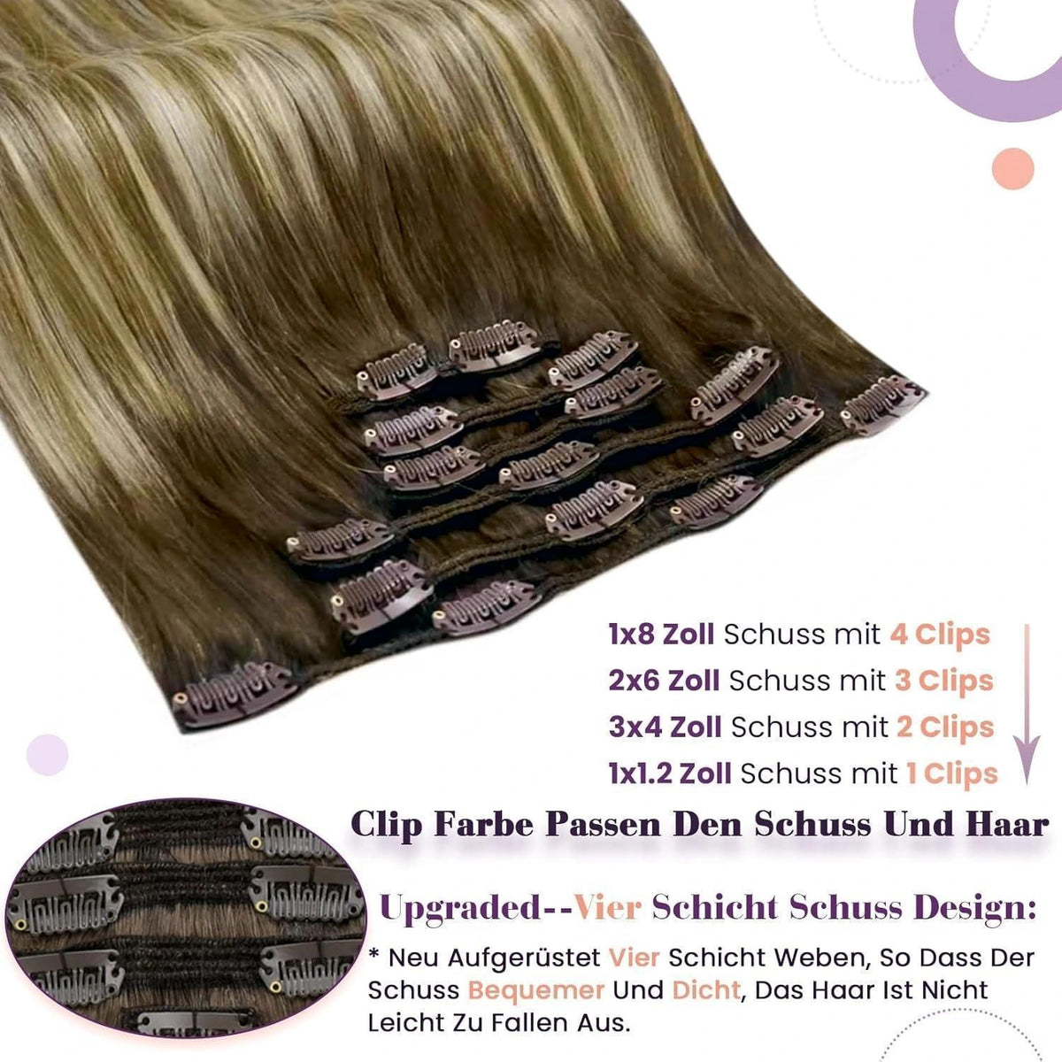 Echthaar Haarverlängerung Braun Balayage 60cm