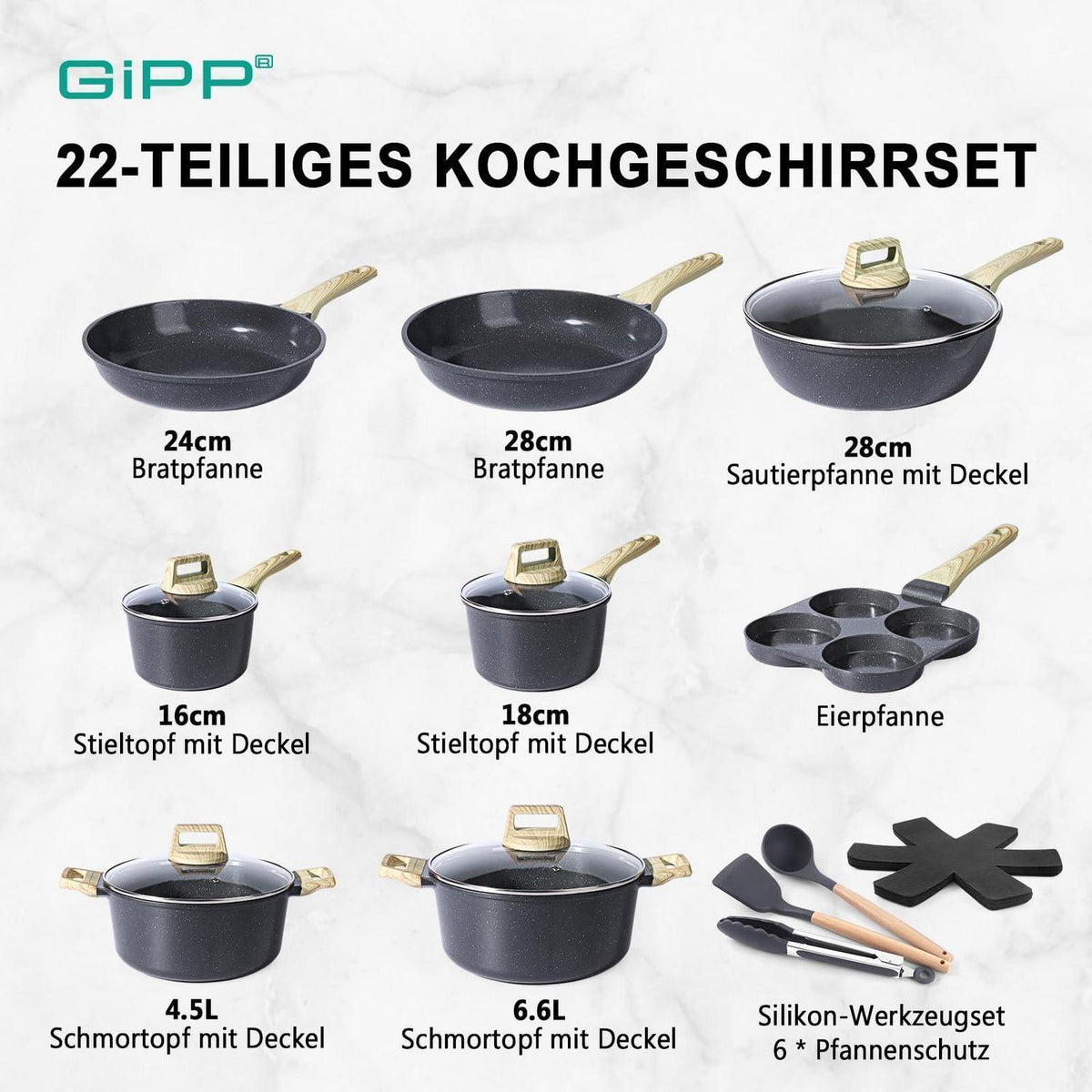 22-teiliges Antihaft Kochgeschirr Set aus Keramik – Grau