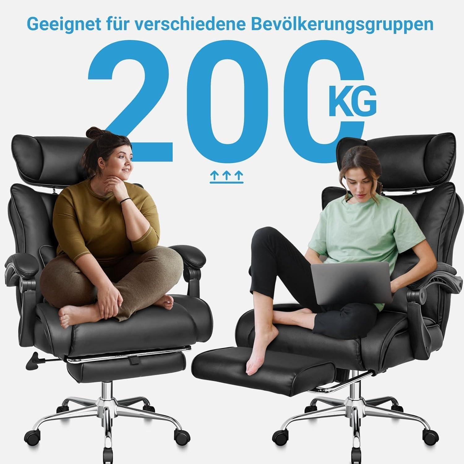 Bürostuhl 200kg, Ergonomischer Chefsessel, 58cm Sitzfläche, 9cm