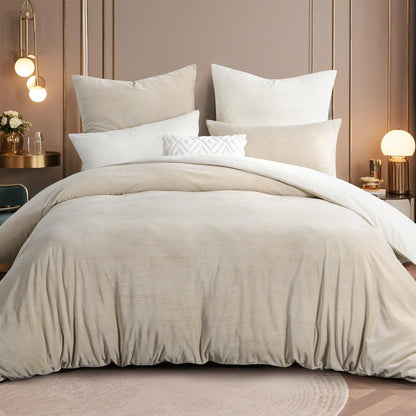 Kuschelige Flanell Bettwäsche 220x240 Beige-Weiß 3-teilig