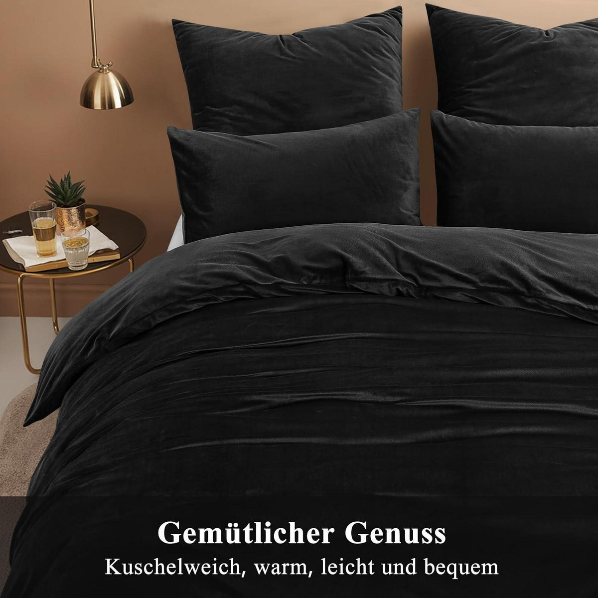 Kuschelige Flanell Bettwäsche Set 200x200 Schwarz 3-teilig