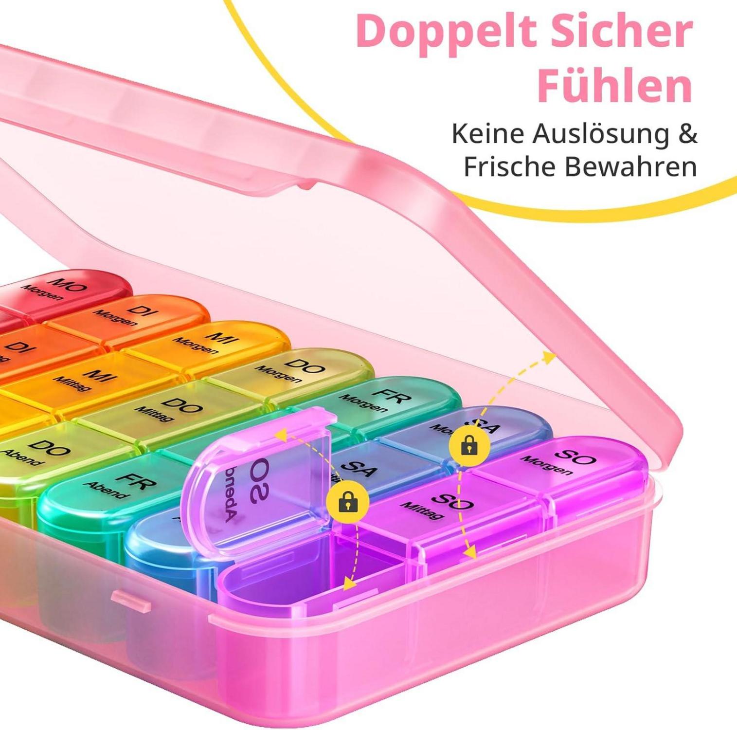 Tablettenbox 7 Tage Reise Pillendose 3 Fächer Farbig & Feuchtigkeitsfest Pink