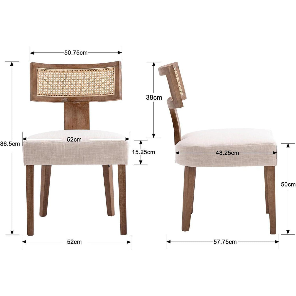 Esszimmerstühle 2er Set Leinen & Rattan Vintage Holzstuhl Beige