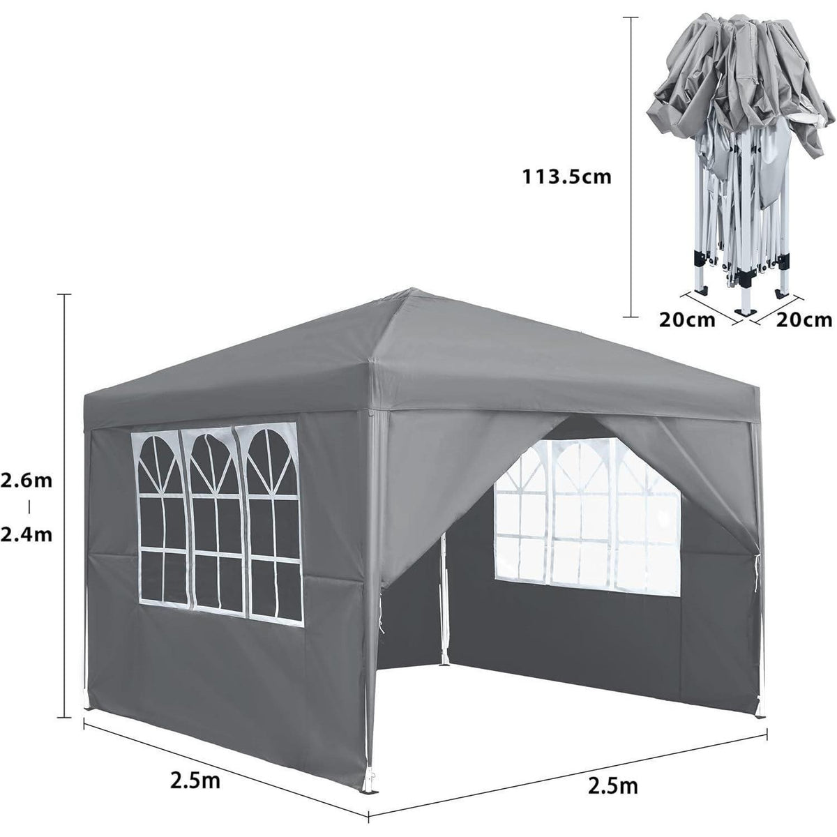 Faltpavillon 2,5x2,5m mit Seitenteilen & Fenstern – Grau