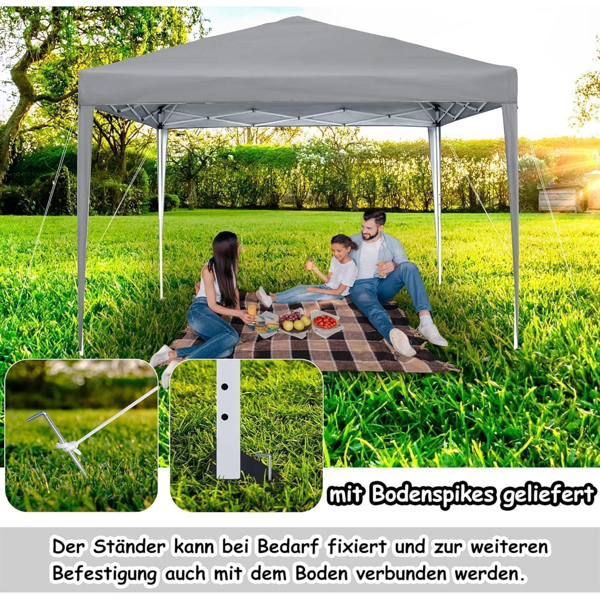 Faltpavillon 2,5x2,5m mit Seitenteilen & Fenstern – Grau