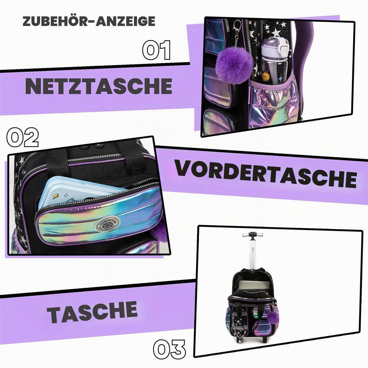 Schultrolley Mädchen Lila & Schwarz – Kinder Trolley Rucksack