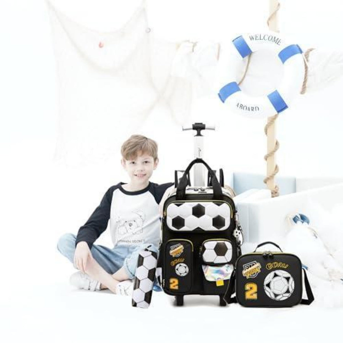 Schulranzen mit Rollen – Kinder Trolley Rucksack Fußball Design