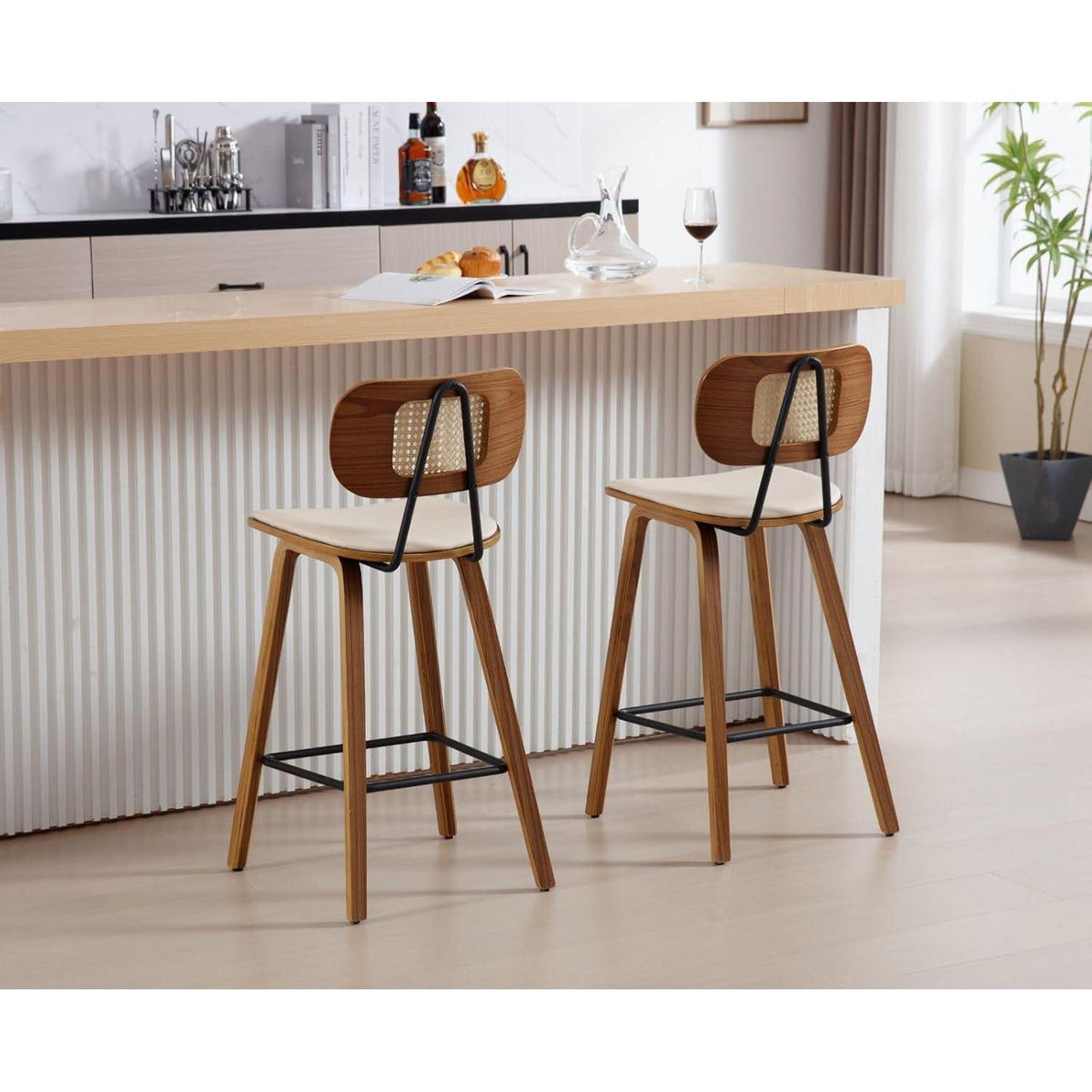 Rattan Barhocker Set 2x mit Lehne – Beige Küchenhocker