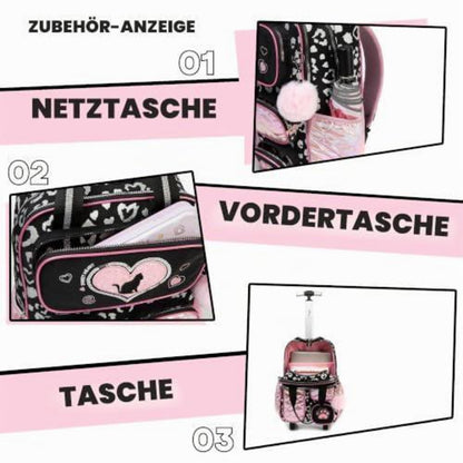 Trolley Rucksack Kinder – Schulrucksack mit Rollen Schwarz & Rosa