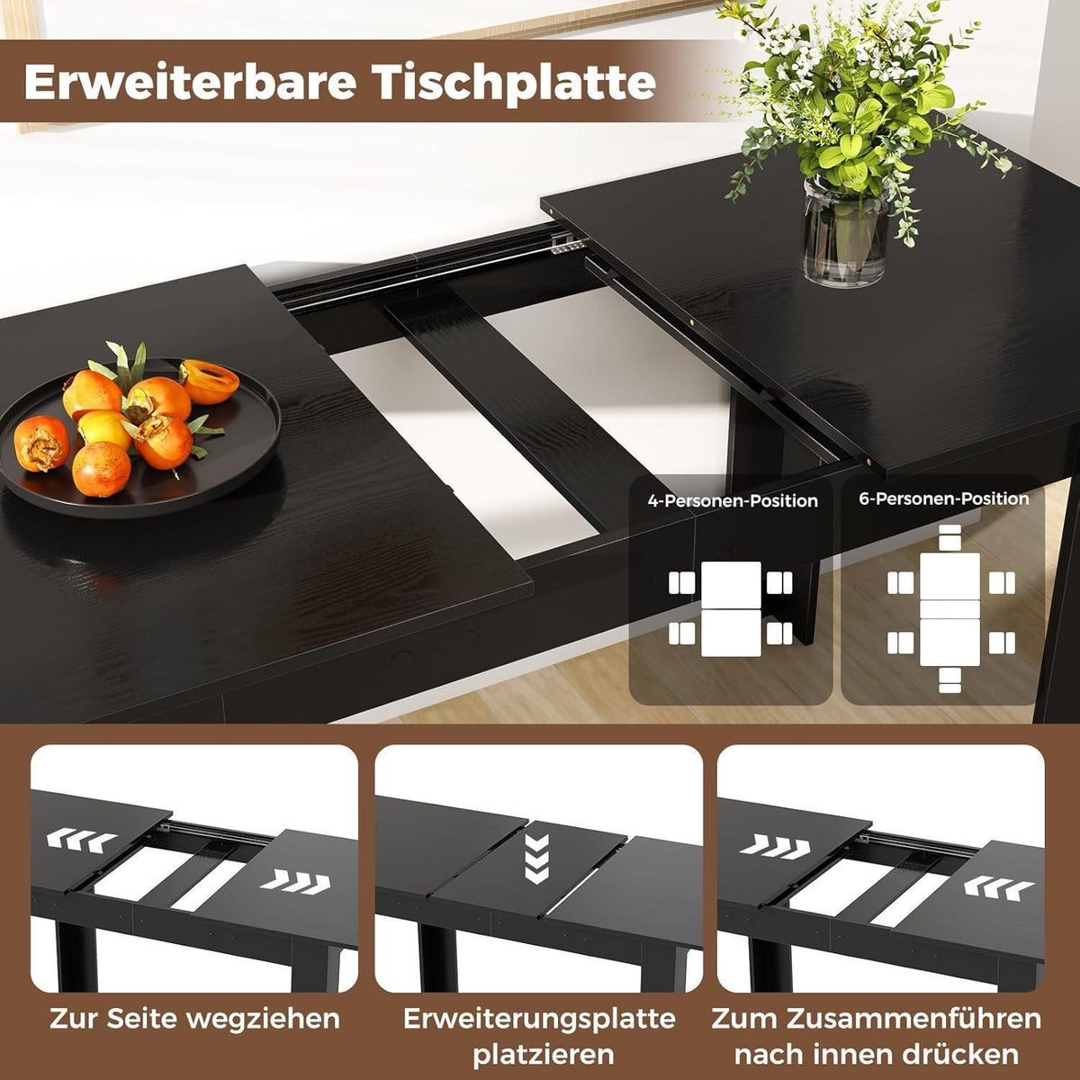Ausziehbarer Esstisch Schwarz – Platzsparender Küchentisch 120-158 cm