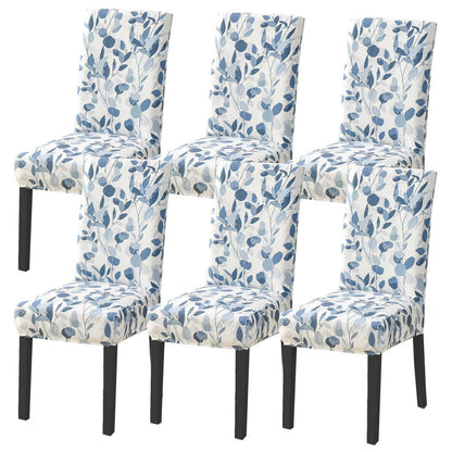 Stuhlhussen 6er Set Stretch Esszimmerstuhlbezug Blau Blätter