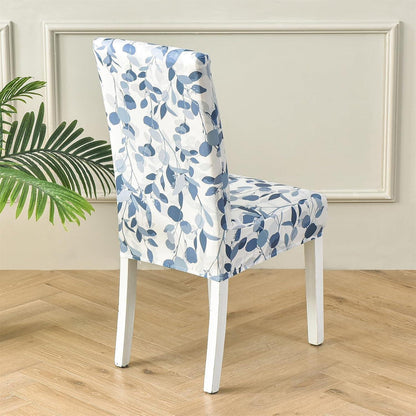 Stuhlhussen 6er Set Stretch Esszimmerstuhlbezug Blau Blätter