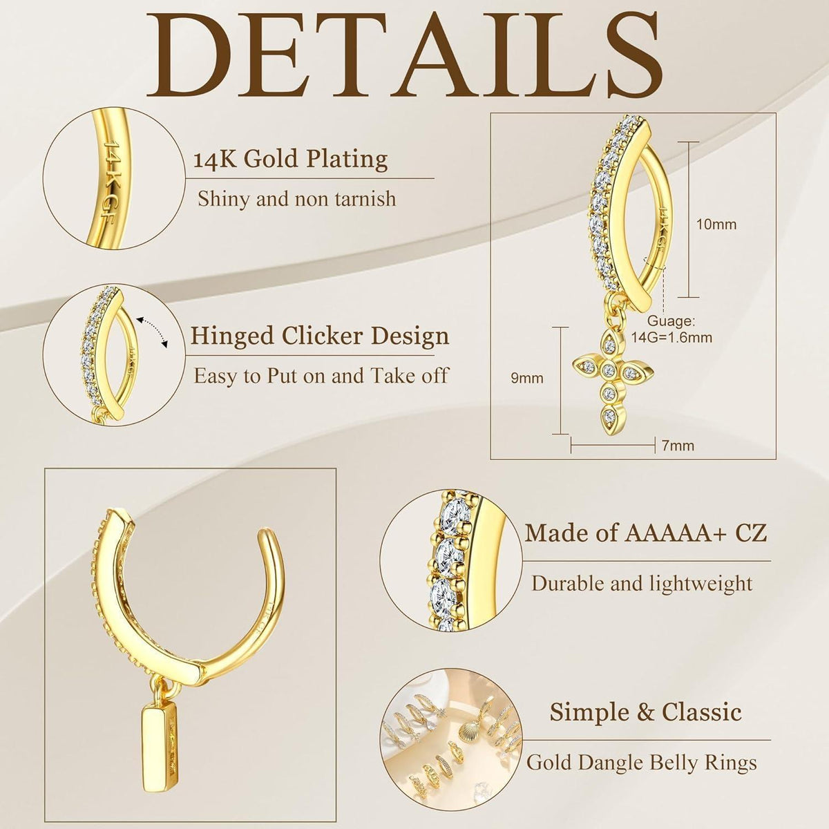 Bauchnabelpiercing Gold Chirurgenstahl mit Zirkonia Kreuz 14G